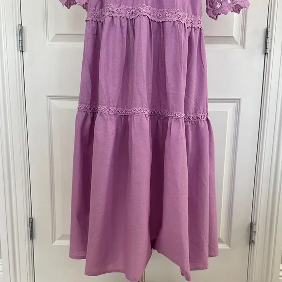 Boho Chic Lavender Lace V-Neck Bell Sleeve Cottagecore Tiered Maxi Dress Size S - Picture 12 of 14